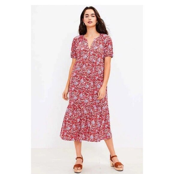 LOFT Dresses & Skirts - NEW Loft Floral Tiered Summer Dress Ruffle Button Front Pockets Red Pink size S‎